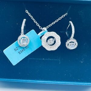 Silver-Tone White CZ Halo Necklace & Earrings Set